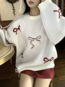 DAZY 女士宽松圆领蝴蝶结落肩长袖毛衣 - 白色 - 查看 3