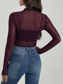SHEIN Tall 女款素色透視網紗長袖上衣，適合高個女性 - 中紫紅色 - 查看 2