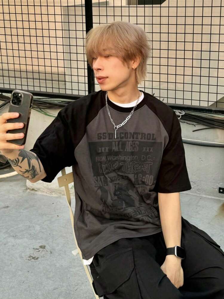 Summer Men's Raglan Sleeve Letter Graphic Print T-Shirt, Black & Grey