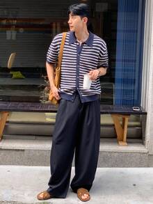 DAZY Navy Blue Striped Men's Suit Pants, Spring/Summer - Navy Blue - View 5