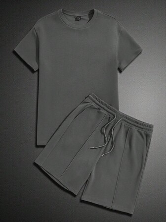 GENTILAND Bărbați, culoare solidă, guler rotund, mânecă scurtă, tricou și pantaloni scurți cu șnur, set casual tricotat, 2 piese, pentru vară, ținute confortabile, lucruri de cuplu