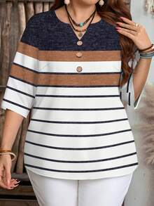 EMERY ROSE Plus Size Casual Retro Commuter Daily Versatile Colorblock Striped Print V-Neck Shirt, Suitable For Summer,Vacation/Summer/Spring - Multicolor - View 5