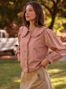 WESTFADE Cotton Blend Chambray Ruffle Collar Long Sleeve Button Up Shirt Cute Fall Tops, Country Concert, Autumn, Winter, Boho, Casual, Cute - Pink - View 4