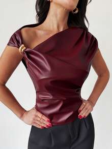 Firerie Women's Elegant Burgundy Polyurethane Batwing Cap Sleeve Ruched Asymmetrical Neck Regular Top - Burgundy - View 4
