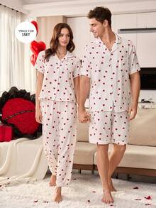 SHEIN Men's Casual Crinkle Burgundy Heart Print White Base Button-Front Pajama Set - White - View 7