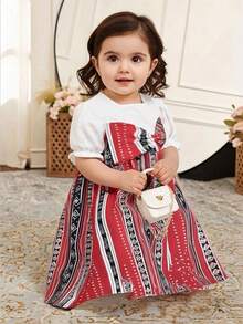 Đầm mùa hè kiểu dáng thường ngày cho bé gái, cổ vuông, tay phồng, trang trí nơ, họa tiết hình học phối hợp, thắt eo. - Đỏ - Xem 3