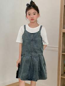 DAZY Tween Girl Solid Color Pleated Camisole Denim Dress - Blue - View 5