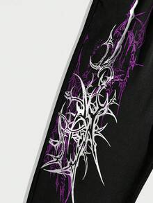ROMWE MEN Goth Men's Graphic Print Casual Drawstring Sweatpants - Black - View 4
