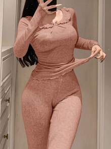 DAZY 2pcs Women Fitted Knit Ruffle Collar Long Sleeve Top And Long Pants Pajama Set, Autumn/Winter - Pink - View 5