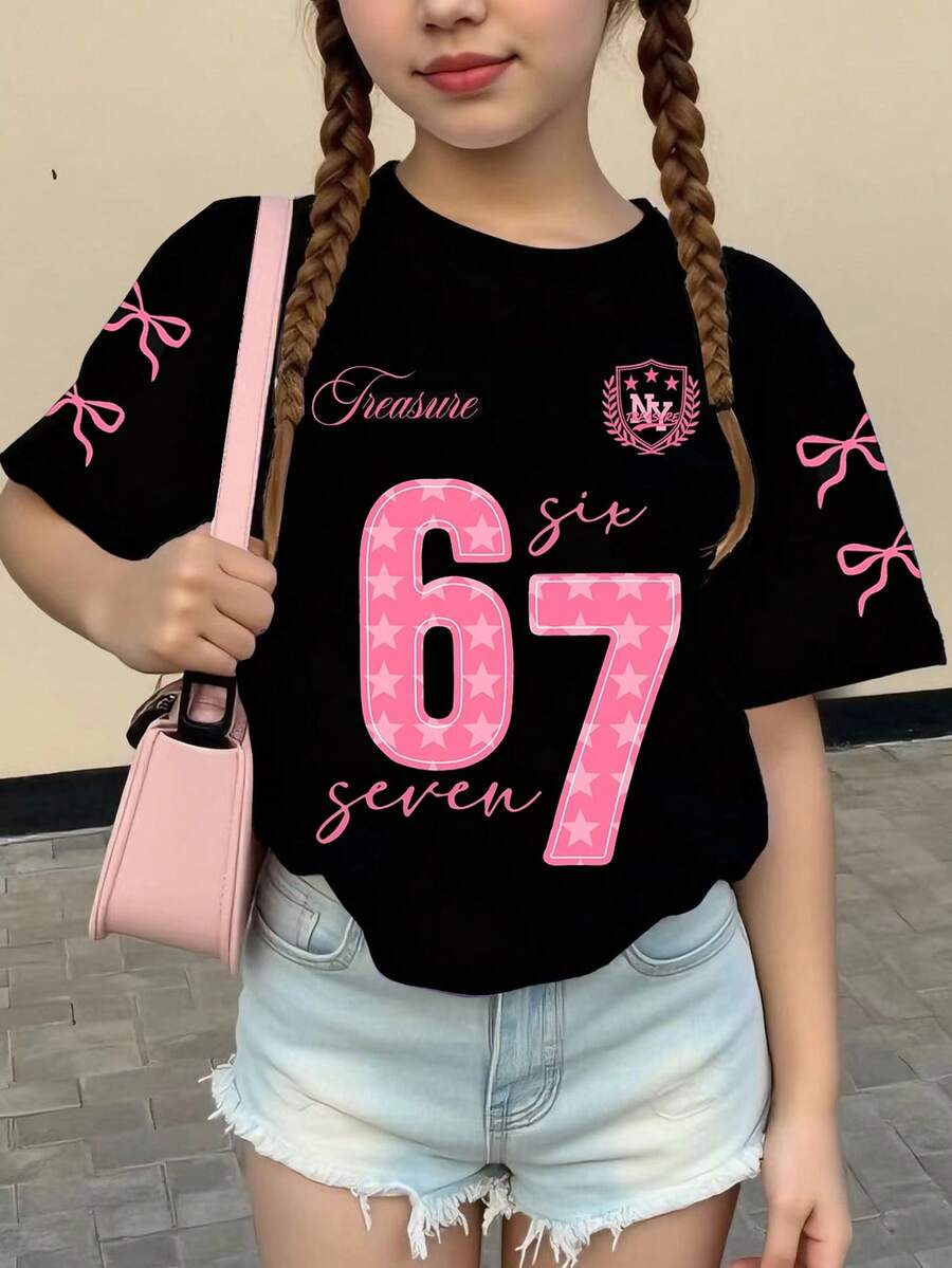 Sparklyn 1件少女休闲时尚简约67标语星形印花短袖圆领T恤，粉色和黑色设计，印有67字样、爱心和星星图案，可爱女童服装，女童图案T恤，适合所有季节 - 粉色 - 查看 1