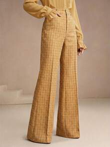 Anewsta Women's Plaid Print Trousers With Rivet Pockets, Elegant Business Casual Flare Pants For Spring/Summer Commute - Multicolor - View 1