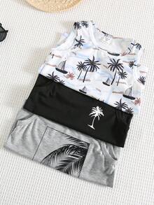 3pcs/Set Tween Boys Casual Vacation Style Palm Tree Print Sleeveless Loose Knit Tank Top Set, Suitable For School, Vacation, Spring & Summer - Grey - View 6