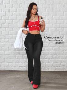 SHEIN Essnce Women's Washed Slim Fit Flare Cargo Jeans,Tummy Control Flared Pants For Summer,Black Basic Casual Streetwear For Any Occasion,Soft Leggings Pants - Black - View 6