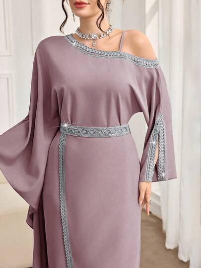 Al Najma Vestido árabe elegante de manga larga con cuello asimétrico bordado para mujer