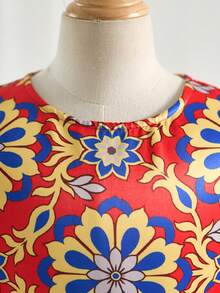 时尚优雅的少女网纱拼接印花短袖连衣裙 - 紅色 - 查看 6