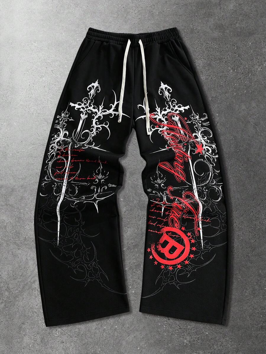 ROMWE MEN Goth 男士十字印花抽绳腰带运动裤 - 黑色 - 查看 1