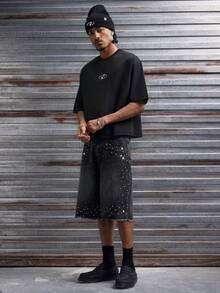 AXEPEAK Men's Washed Rhinestone Embellished Casual Shorts - Black - View 5