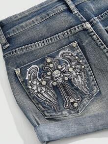 ROMWE Grunge Punk Y2K Retro Cross Wing Embroidery & Rhinestone Decor Women Denim Shorts - Blue - View 4