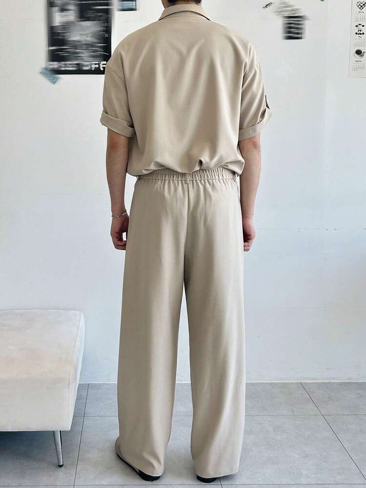 Men's Polo Collar Button Half Placket Short Sleeve Shirt Top And Pocket Wide Leg Pants Casual Daily Outfit Set Summer