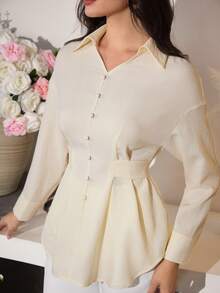 Modelyn Elegant Apricot Plain Long Sleeve Button Front Shirt With Flared Hem For Women Women's Spring/Summer Apricot Long Sleeve Faux Linen Bamboo Knot Tie Waist A-Line Elegant Blouse  Women's Plain Apricot Long Sleeve Blouse With Shirt Collar And Button Front Details Elegant Women's Apricot Blouse Long Sleeve Shirt Collar Button Front Flared Hem Top - Apricot - View 1