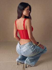 SHEIN BAE 性感蕾丝交叉抹胸露脐上衣，夏季，裹身式上衣，万圣节女装，万圣节服装 - 紅色 - 查看 2