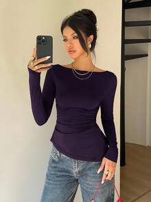 Siren Gaze Women's Lace Patchwork Back Bowknot Slim Fit Long Sleeve Top - Purple - View 5