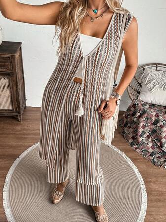  Conjunto de 2 piezas de mujer LanaWest con cardigan sin mangas de punto texturizado de rayas coloridas con flecos y lazo, y pantalón ancho de cintura elástica con jacquard de punto