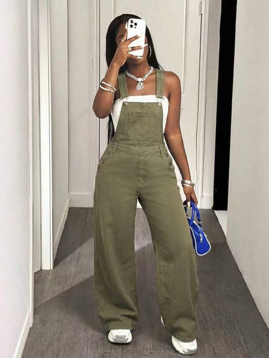 Slaydiva 女士宽松纯色斜插口袋休闲牛仔背带裤 - 軍綠色 - 查看 1