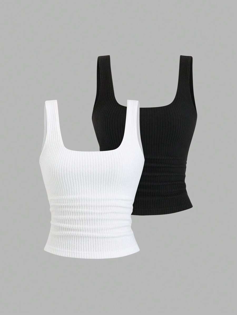 Sweetra 2pcs Women Casual Scoop Neck Sleeveless Knit Vest Set, Apricot And Coffee Brown, Autumn - Multicolor - View 1