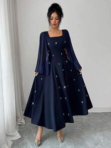 Modelyn Women's Square Neck Pleated Long Sleeve Cinched Waist A-Line Beaded Elegant Party Mid-Length Dress - Blue - View 6