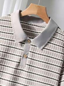 SHEIN Vacaura 男童休闲条纹华夫格 Polo 衫和短裤套装（2 件/套），卡其色，适合夏季日常穿着和户外活动 - 灰色 - 查看 5