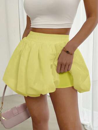 Almamuse Women's Solid Color Elastic Waist Ruched Hem Mini Skirt, Suitable For Graduation Season