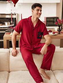 CoupledUp Contrast Color Heart Embroidery Pocket Men's Polo Collar Short Sleeve Pajama Set - Burgundy - View 2
