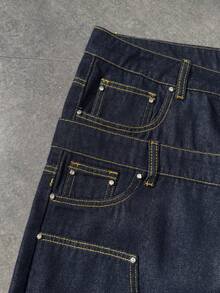 ROMWE MEN Street Life 男士宽松休闲百搭双腰带牛仔短裤 - 藍色 - 查看 6