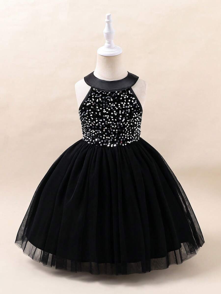 Glamorique Kids 一件红色女童吊带连衣裙,上半身饰有亮片,下半身是蓬松的网纱裙摆,适合表演、宴会和其他正式场合,展现童真和优雅。 - 黑色 - 查看 1