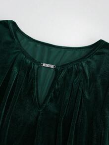 GlowEve 女士天鹅绒圆领水钻链条腰带A字优雅连衣裙，适合日常、工作、商务、浪漫约会、派对、圣诞节等场合，长袖藏蓝色长裙，秋冬款 - 墨綠色 - 查看 6