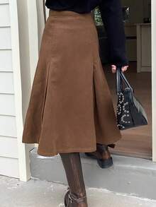 DAZY Women's Pleated Long Casual Denim Skirt - Brown - View 6