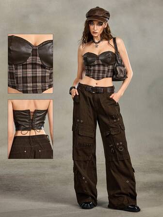 Grunge Punk Vintage Sexy Plaid Patchwork PU Leather Women Top