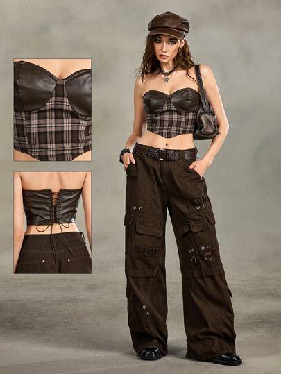 Grunge Punk Vintage Sexy Plaid Patchwork PU Leather Women Top