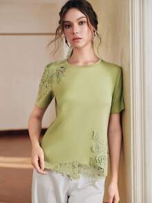 Anewsta Green Knit Short Sleeve T-Shirt With Lace Patchwork And 3D Embroidery Floral Design, Women Top For Spring/Summer Lime Tops Light Sage - Beige - View 7
