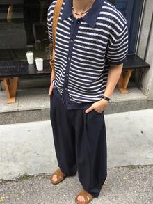 DAZY Navy Blue Striped Men's Suit Pants, Spring/Summer - Navy Blue - View 3