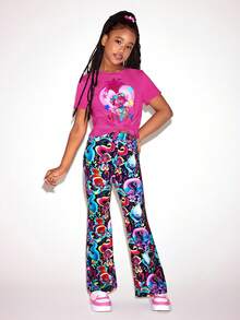 SHEIN Trolls Tween Girls' Casual Everyday Commute Cartoon Letter & Star Print Short Sleeve T-Shirt And Flare Pants Set, Spring/Summer/Autumn - Pink - View 4