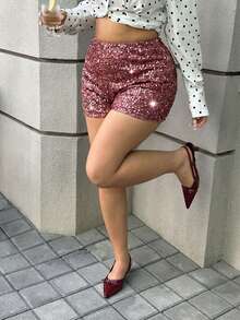 SHEIN EZwear Quần short cạp cao ôm sát bằng vải đính sequin lấp lánh dành cho nữ cỡ lớn, thích hợp cho các bữa tiệc, lễ hội âm nhạc, buổi hòa nhạc, có lớp lót, thích hợp cho mùa thu/đông. - Bụi hồng - Xem 8