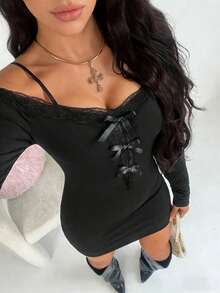 TRNVIE Women's Solid Color Off-Shoulder Long Sleeve Bow Decor Fashionable Dress - Black - Ver 8