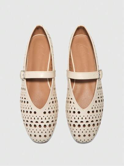 CUCCOO BIZCHIC Women's Square Toe Flat Shoes, New Coffee Color Hollow Out Comfortable Versatile Breathable Casual Mary Jane Strap Flats Valentine's Day