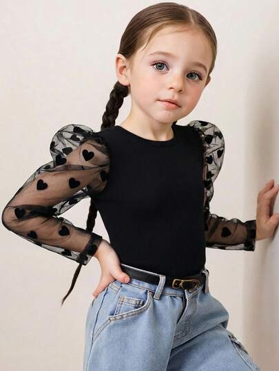 Young Girl Solid Color Round Neck Contrast Mesh Gigot Sleeve Casual T-Shirt