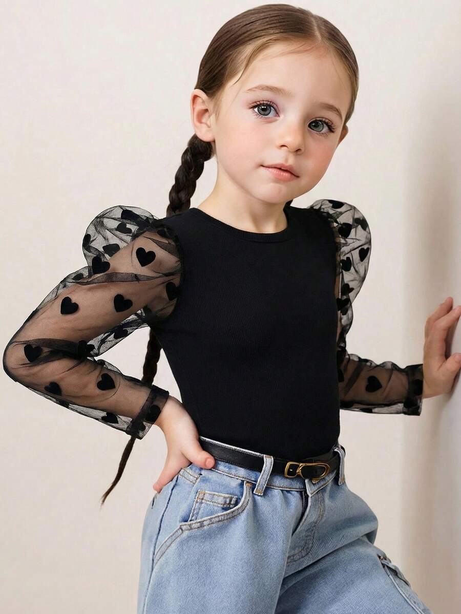 Young Girl Solid Color Round Neck Contrast Mesh Gigot Sleeve Casual T-Shirt - Black - View 1