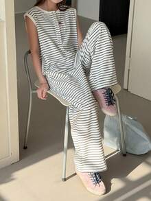 DAZY 少女条纹纽扣设计无袖休闲阔腿连体裤 夏季 - 黑與白 - 查看 1