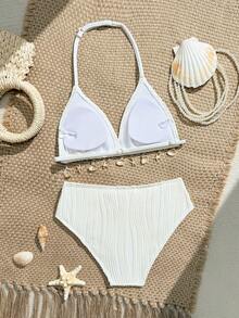 SHEIN 少女贝壳装饰挂脖比基尼套装，特殊面料，优雅度假风泳装，白色泳衣，沙滩配饰，贝壳泳衣，少女泳装套装，沙滩女孩服装，女孩沙滩套装，夏季比基尼，贝壳比基尼，保守比基尼套装，两件套泳装，女孩卡其色沙滩服装，女孩泳装两件套，女孩套装，度假两件套，泳衣套装，少女泳装两件套，夏季女孩套装，女孩两件套泳衣 - 米色 - 查看 2