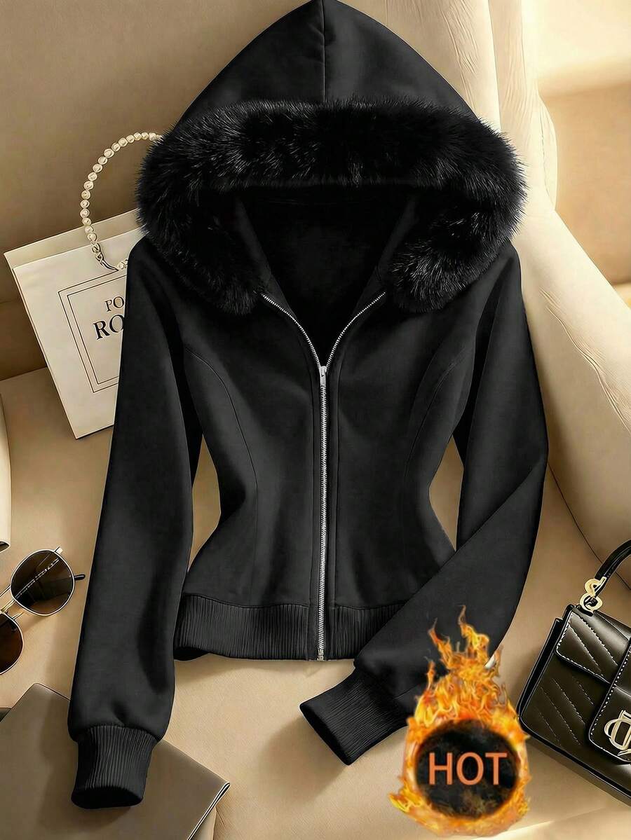 Franclia Women's Casual Hooded Faux Fur Collar Thermal Lined Cropped Sweatshirt, Autumn/Winter - Black - View 1